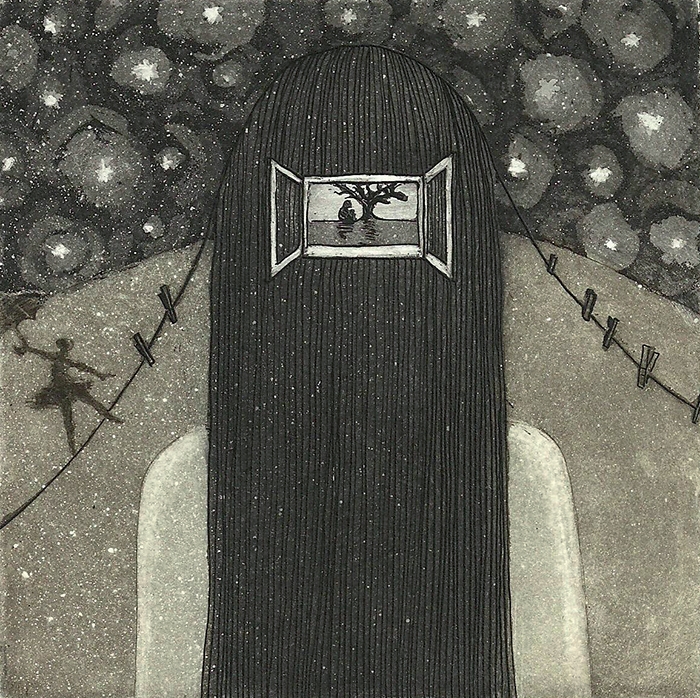 Niecodzienność, akwaforta, akwatinta, sucha igła, 9,9 x 9,9 cm, 2017
