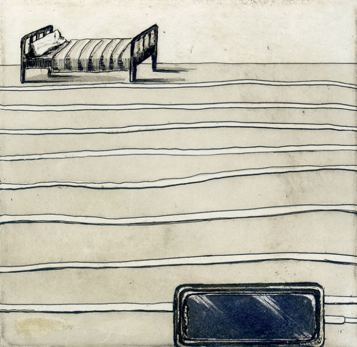 "Odwiedziny", akwaforta, akwatinta, 10 x 10 cm, 2025