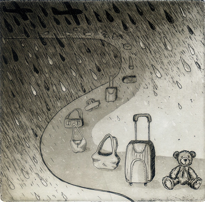 Refugees, etching, aquatint, 10 x 10 cm, 2022